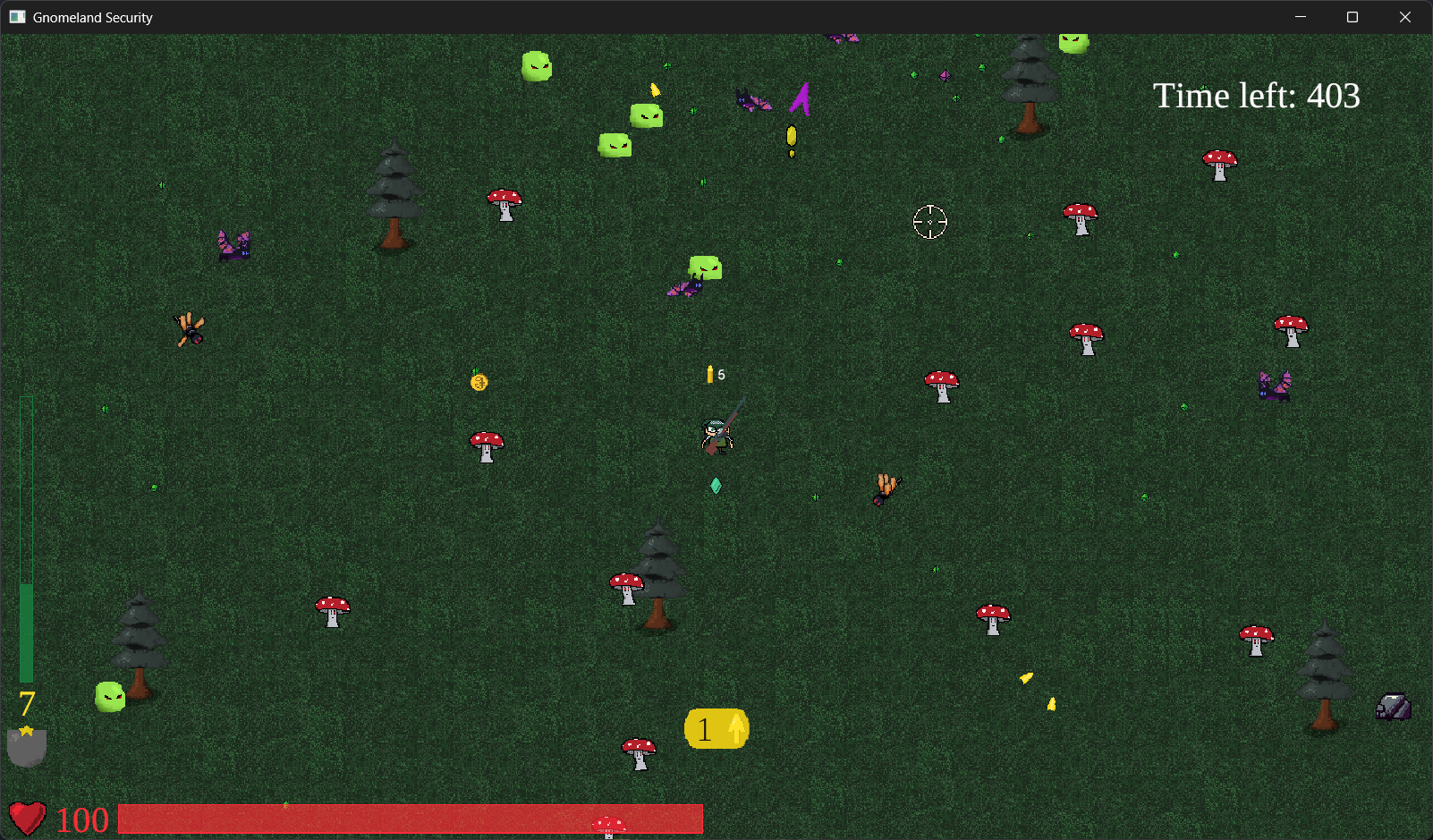 Screenshot showing a gnome with a gun in a forest, surrounded by hostile creatures