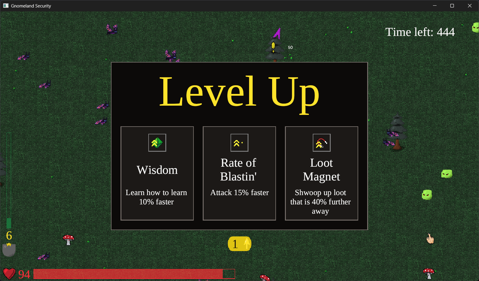 Screenshot showing some of the roguelike upgrade options