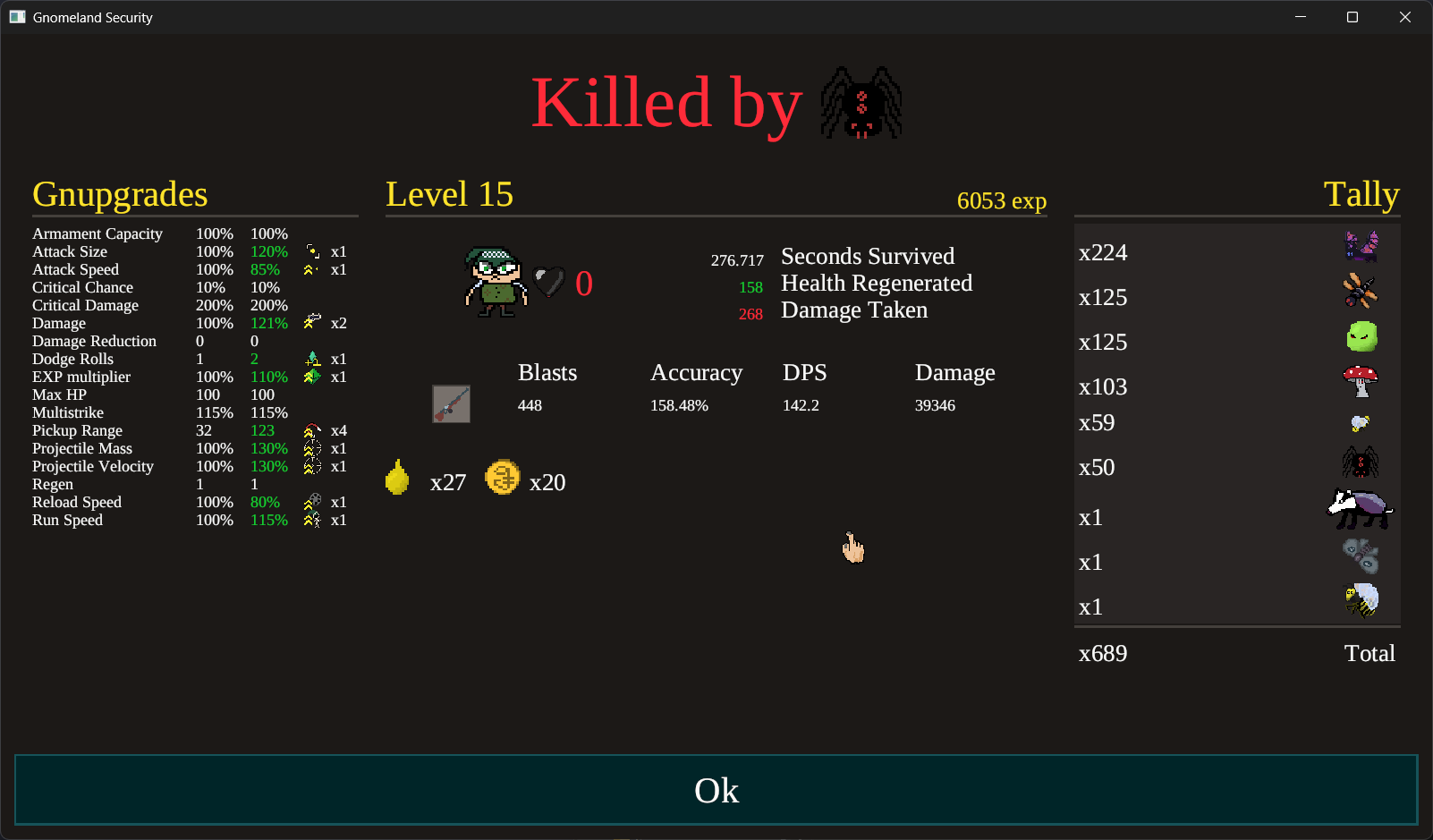 Screenshot showing the game summary screen after dying